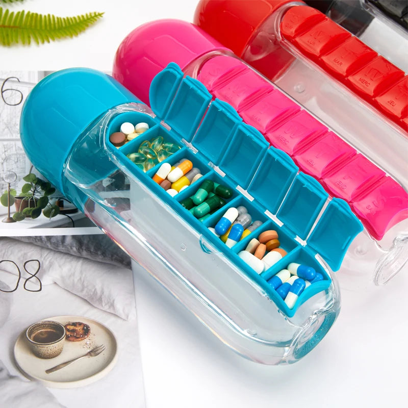 Innovative 2-in-1 600ml Sports Water Bottle with 7 Compartment Pill Organizer - Perfect for Outdoor Adventures!