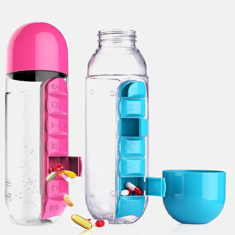 Innovative 2-in-1 600ml Sports Water Bottle with 7 Compartment Pill Organizer - Perfect for Outdoor Adventures!